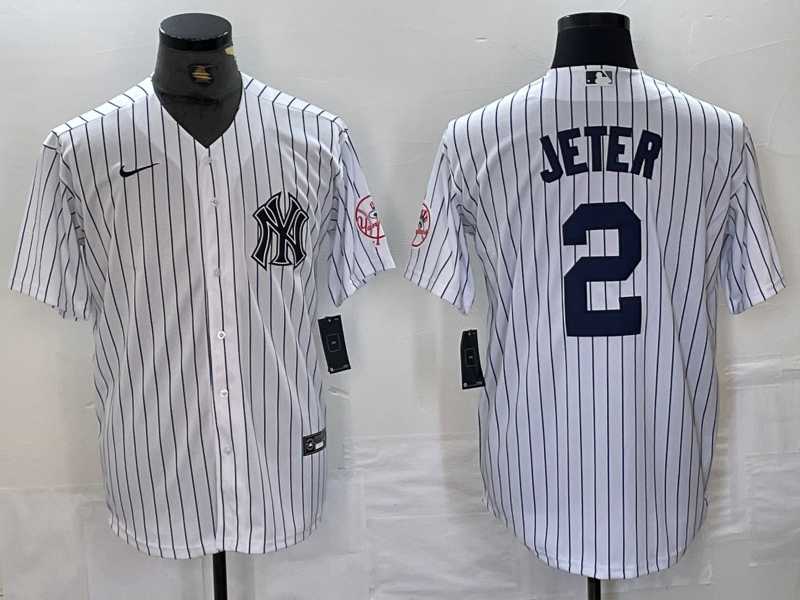 Mens New York Yankees #2 Derek Jeter Name White With Patch 2024 Cool Base Stitched Jersey